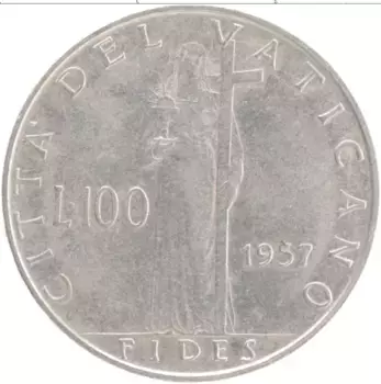 Монета 100 лир Ватикана 1957 года Медно-никель Пий XII