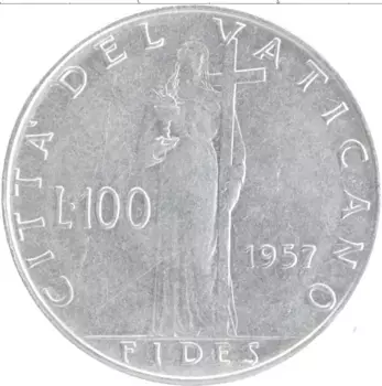 Монета 100 лир Ватикана 1957 года Медно-никель Пий XII