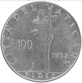 Монета 100 лир Ватикана 1957 года Сталь Пий XII