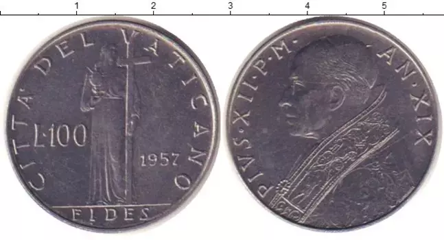 Монета 100 лир Ватикана 1957 года Железо Понтифик Пий XII