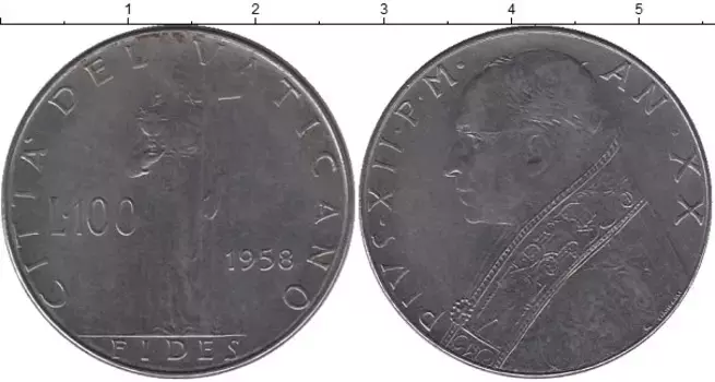 Монета 100 лир Ватикана 1958 года Сталь Понтифик Пий XII