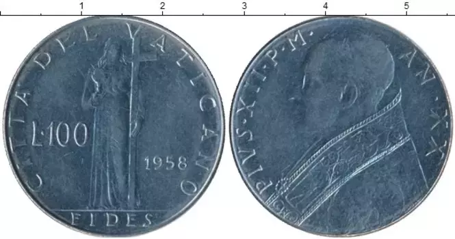 Монета 100 лир Ватикана 1958 года Сталь Пий XII