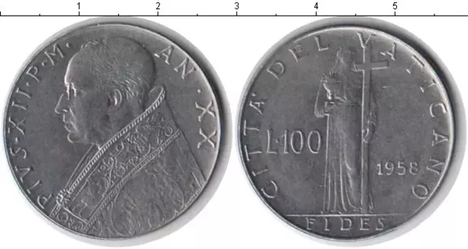 Монета 100 лир Ватикана 1958 года Железо Пий XII