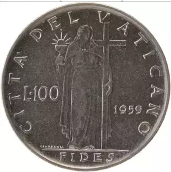 Монета 100 лир Ватикана 1959 года Сталь Иоанн XXIII