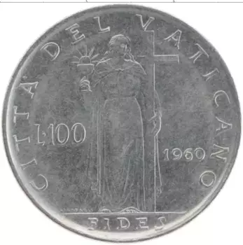 Монета 100 лир Ватикана 1960 года Сталь Иоанн XXIII