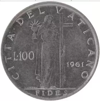 Монета 100 лир Ватикана 1961 года Сталь Иоанн XXIII