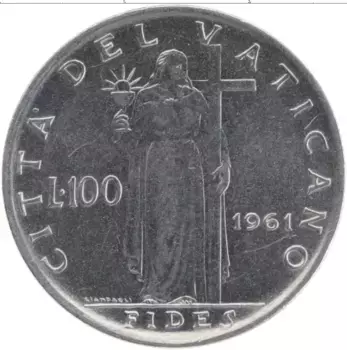 Монета 100 лир Ватикана 1961 года Сталь Иоанн XXIII