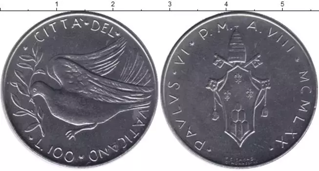 Монета 100 лир Ватикана 1970 года Медно-никель Павел VI