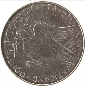 Монета 100 лир Ватикана 1970 года Сталь Павел VI