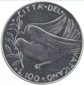 Монета 100 лир Ватикана 1970 года Сталь Павел VI
