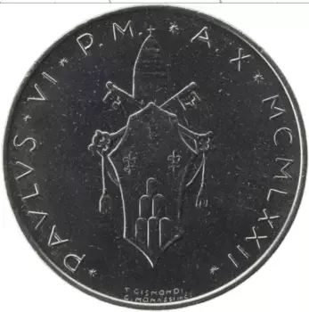 Монета 100 лир Ватикана 1972 года Сталь Павел VI