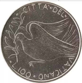 Монета 100 лир Ватикана 1973 года Сталь Павел VI