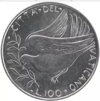 Монета 100 лир Ватикана 1974 года Сталь Понтифик Павел VI