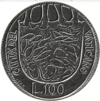 Монета 100 лир Ватикана 1975 года Сталь Павел VI