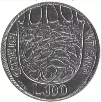 Монета 100 лир Ватикана 1975 года Сталь Павел VI