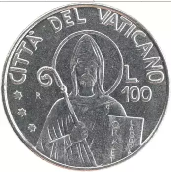 Монета 100 лир Ватикана 1990 года Сталь Иоанн Павел II