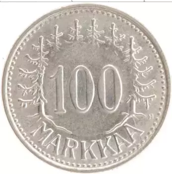 Монета 100 марок Финляндии 1957 года Серебро