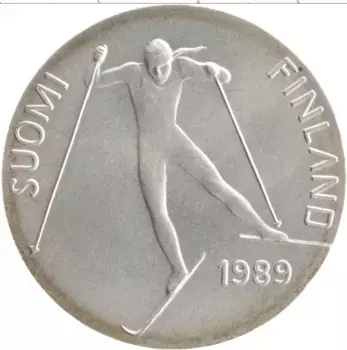 Монета 100 марок Финляндии 1989 года Серебро Чемпионат мира по лыжным видам спорта