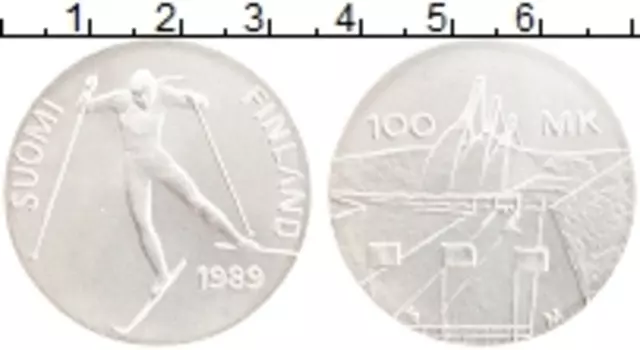 Монета 100 марок Финляндии 1989 года Серебро Лыжные гонки