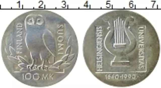 Монета 100 марок Финляндии 1990 года Серебро 350 лет Университета Хельсинки