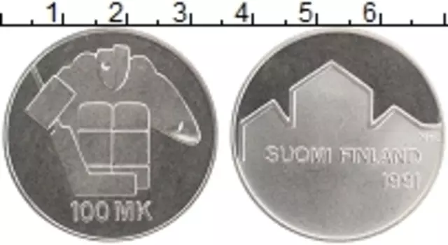 Монета 100 марок Финляндии 1991 года Серебро Чемпионат мира по хоккею
