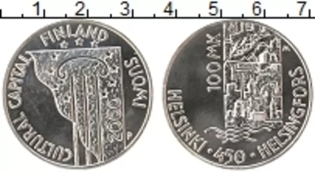 Монета 100 марок Финляндии 2000 года Серебро 450 лет Хельсинки