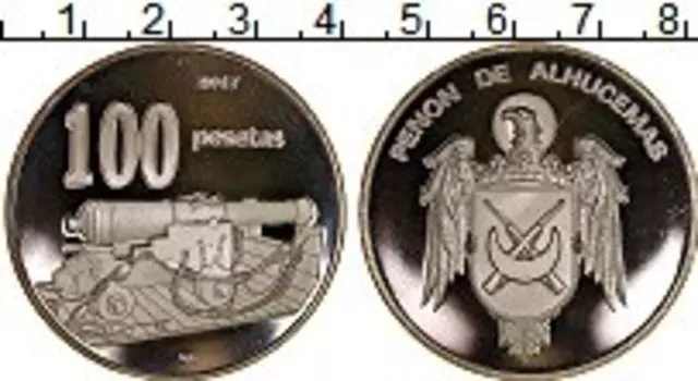 Монета 100 песет Испании 2017 года Посеребрение UNUSUAL, Остров Пеньон-де-Алусемас, пушка