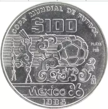 Монета 100 песо Мексики 1985 года Серебро Чемпионат мира по футболу Мексика - 1986