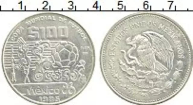 Монета 100 песо Мексики 1986 года Серебро Чемпионат Мира по футболу