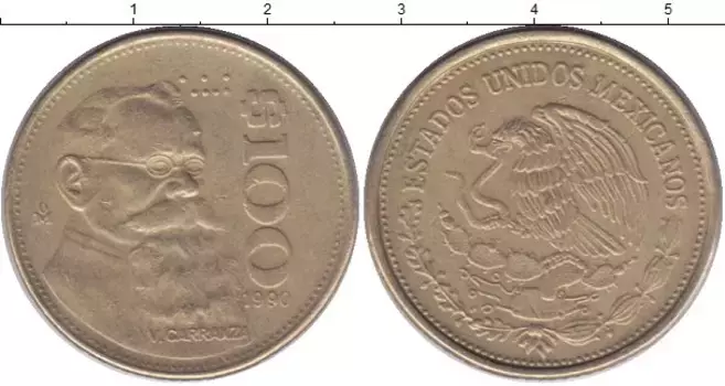 Монета 100 песо Мексики 1990 года Латунь Карраиза