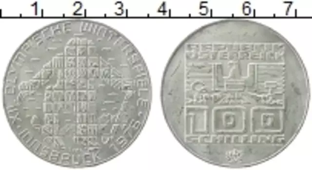 Монета 100 шиллингов Австрии 1976 года Серебро Олимпийские игры в Инсбруке, лыжи (Орёл)