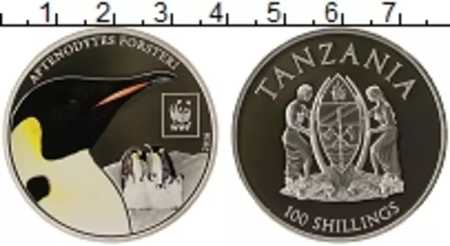 Монета 100 шиллингов Танзании 2016 года Посеребрение Пингвин, WWF