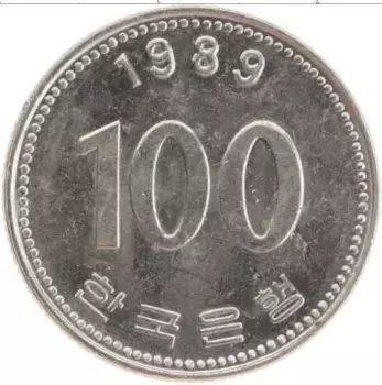 Монета 100 вон Южной Кореи 1989 года Медно-никель