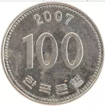 Монета 100 вон Южной Кореи 2007 года Медно-никель