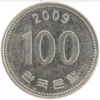 Монета 100 вон Южной Кореи 2009 года Медно-никель