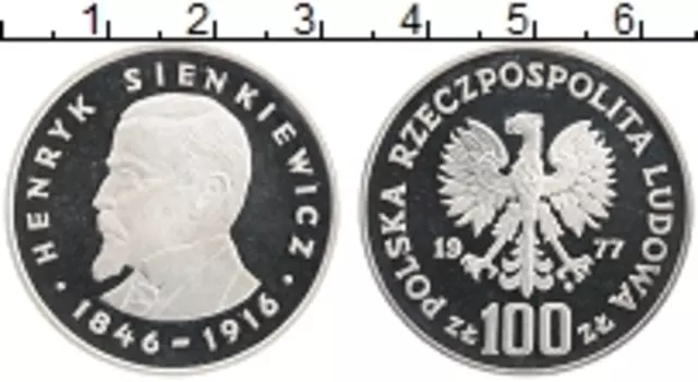 Монета 100 злотых Польши 1977 года Серебро Генрик Сенкевич