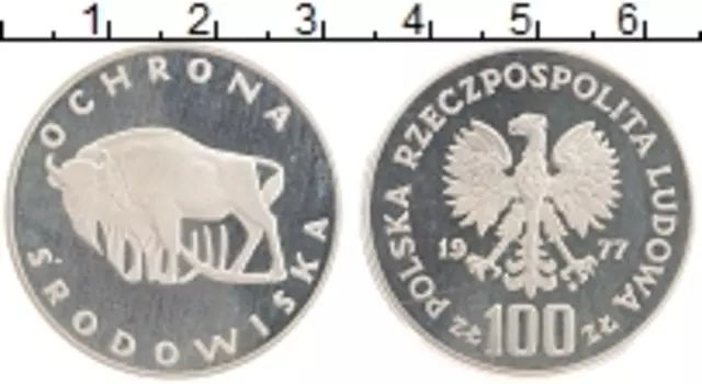 Монета 100 злотых Польши 1977 года Серебро Охрана окружающей среды