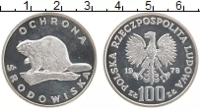 Монета 100 злотых Польши 1978 года Серебро Бобер