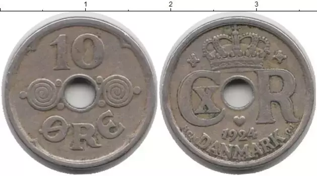 Монета 10 эре Дании 1924 года Медно-никель Кристиан Х