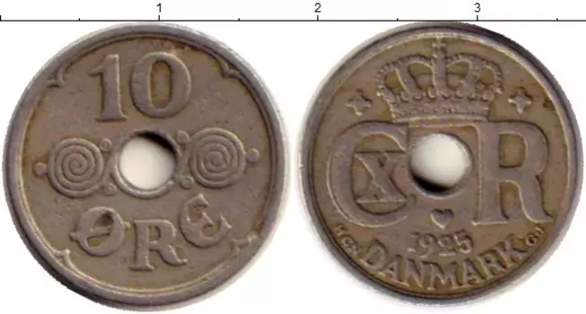 Монета 10 эре Дании 1925 года Медно-никель Кристиан X