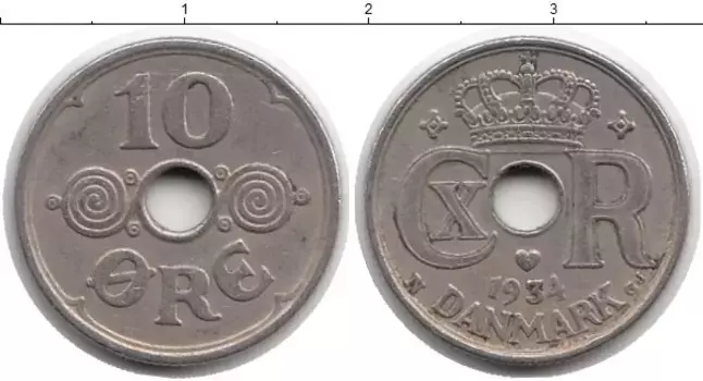 Монета 10 эре Дании 1934 года Медно-никель Кристиан X