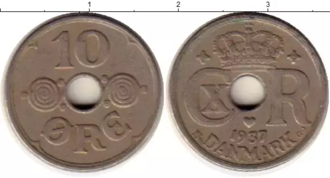 Монета 10 эре Дании 1937 года Медно-никель