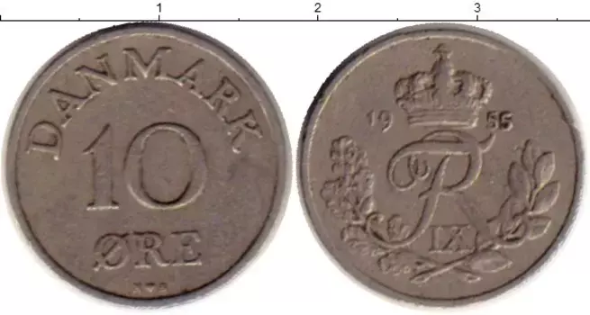 Монета 10 эре Дании 1955 года Медно-никель Фредерик IX