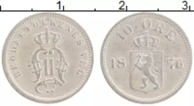Монета 10 эре Норвегии 1876 года Серебро Оскар II