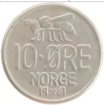Монета 10 эре Норвегии 1961 года Медно-никель Улаф V