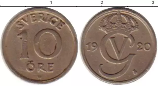 Монета 10 эре Швеции 1920 года Медно-никель Густав V