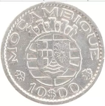 Монета 10 эскудо Мозамбика 1952 года Серебро