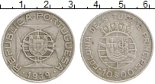 Монета 10 эскудо Сан-Томе и Принсипи 1939 года Серебро Португальская колония