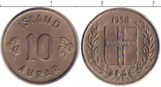 Монета 10 аурар Исландии 1958 года Медно-никель Герб