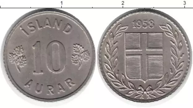 Монета 10 аурар Исландии 1958 года Медно-никель